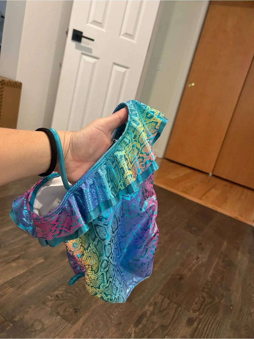 Flapdoodles Toddler Rainbow Teal Ruffle One-Piece Swimsuit Size 2T